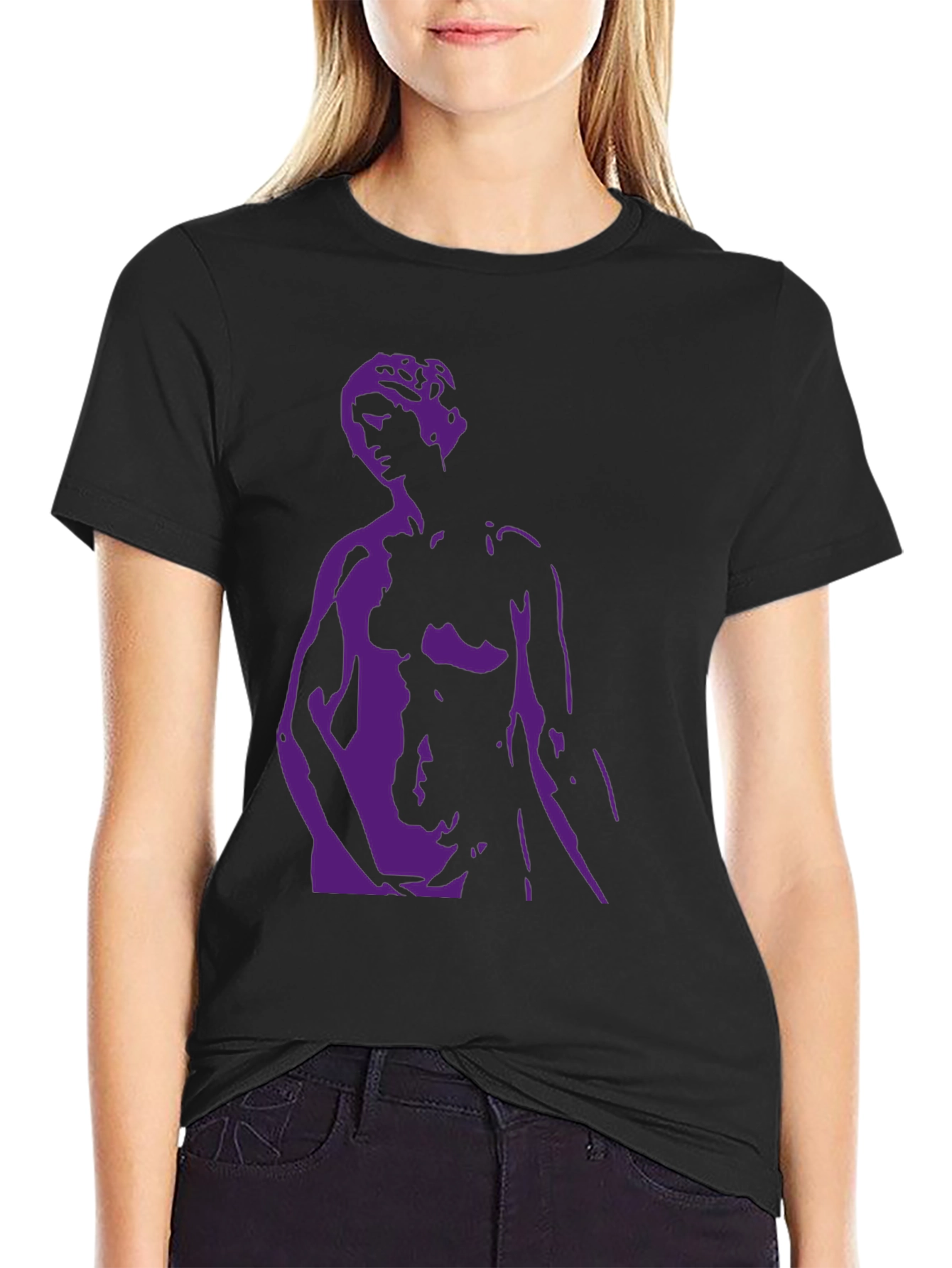 Black T-Shirt with Purple Statue Graphic