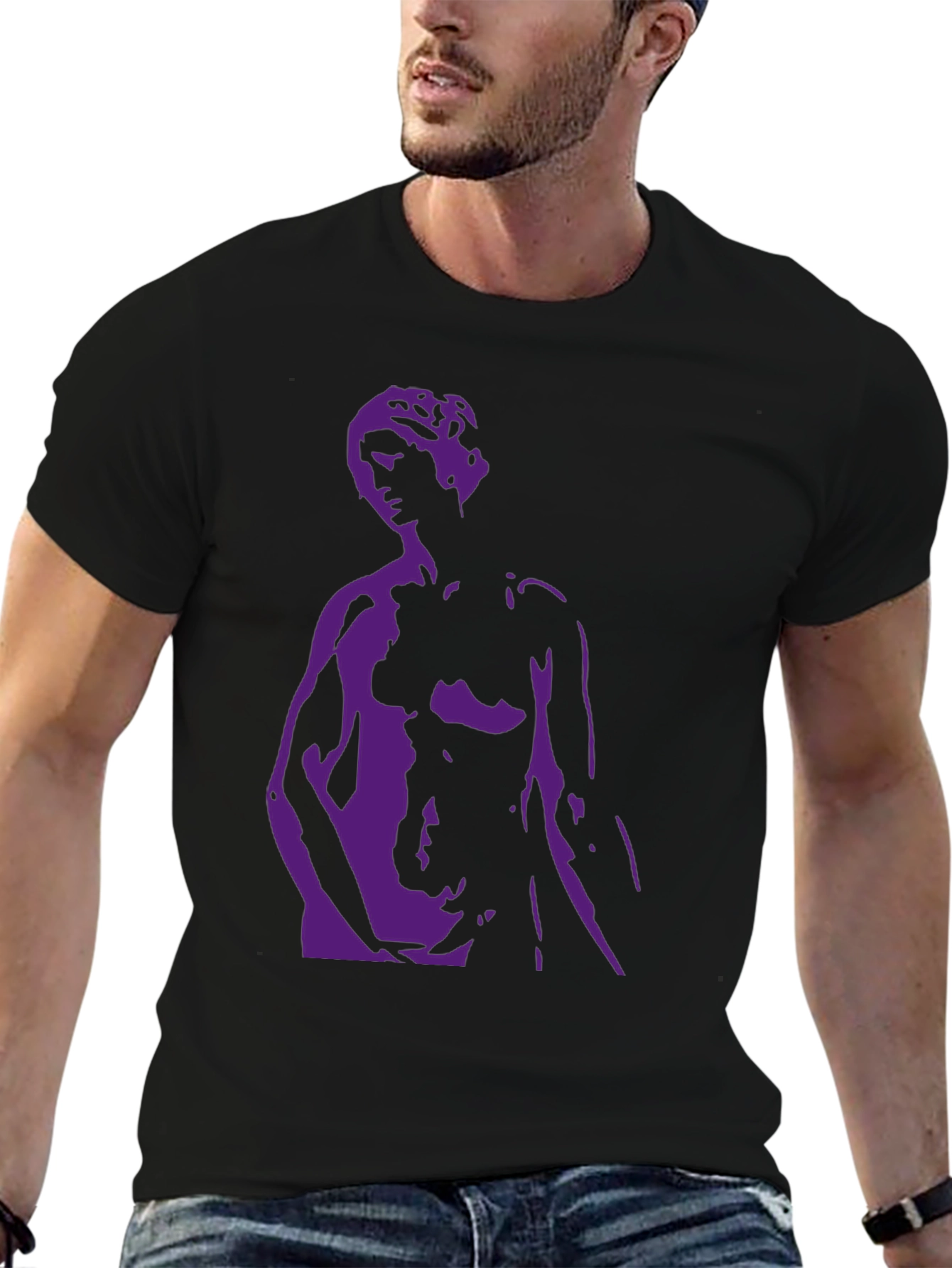Black T-Shirt with Purple Statue Graphic