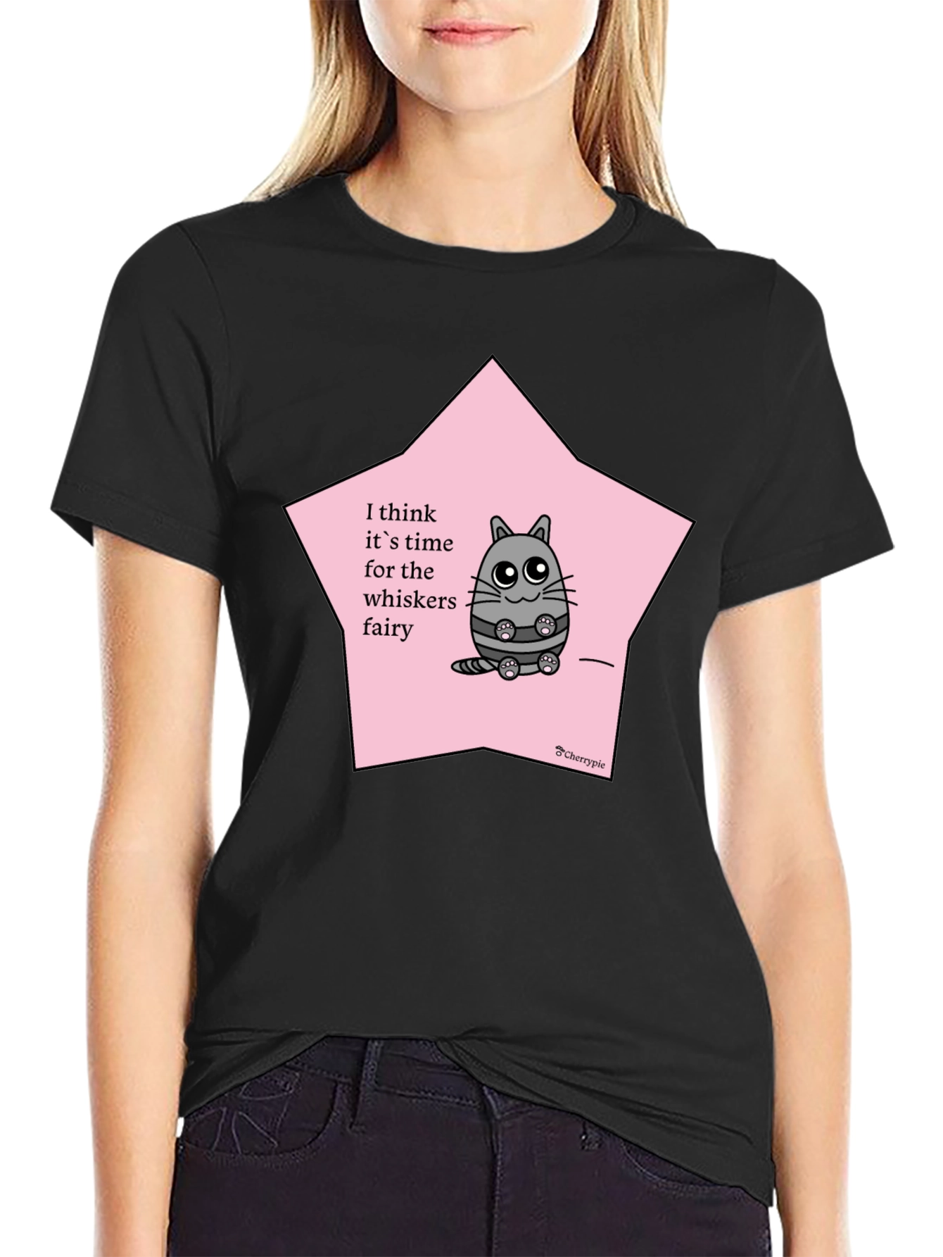 Whimsical Cat Whisker Fairy Black T-Shirt