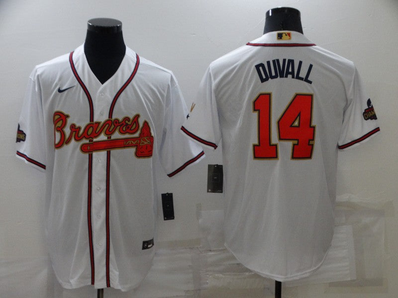 Men's Atlanta Braves Adam Duvall #14 White Replica Baseball Jerseys