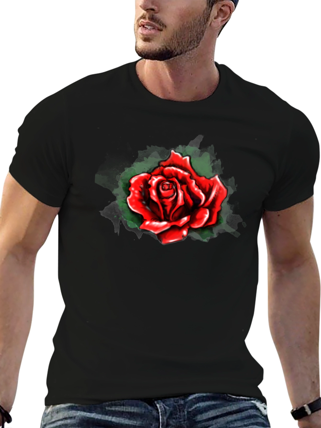 Red Rose Graphic Print Black T-Shirt