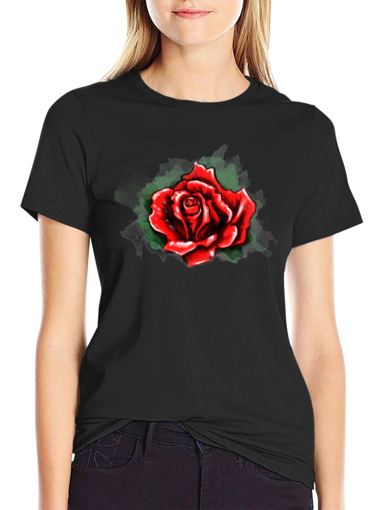 Red Rose Graphic Print Black T-Shirt