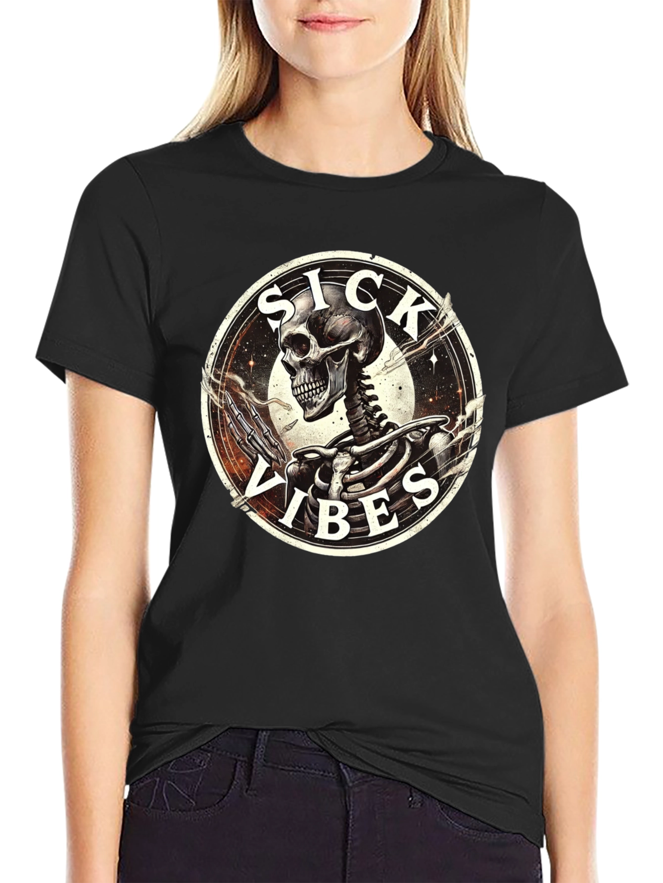 Sick Vibes Skeleton Graphic T-Shirt - Black