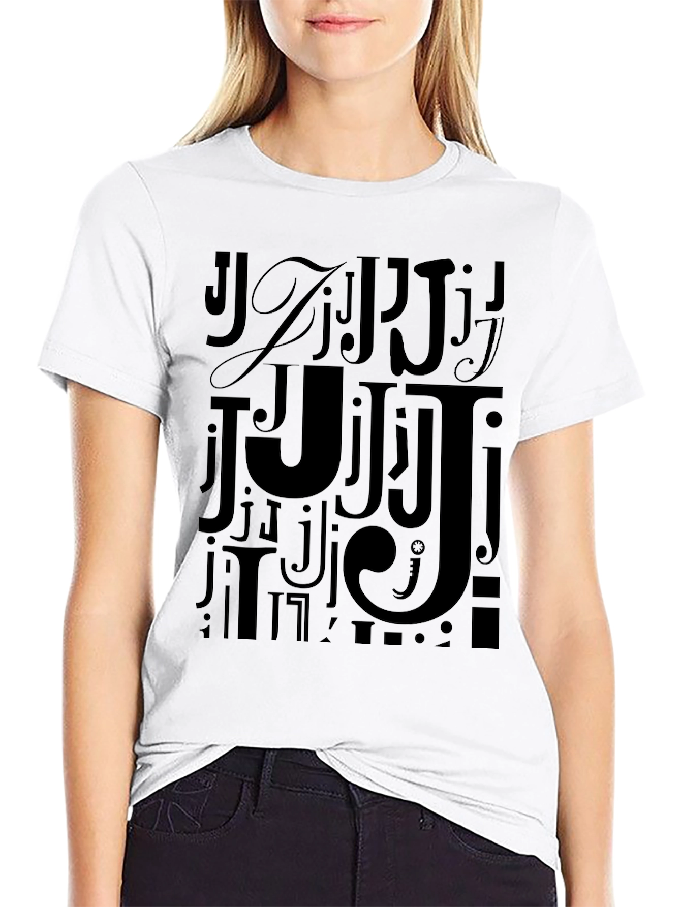 Mens Black J Letter Print Graphic Tee