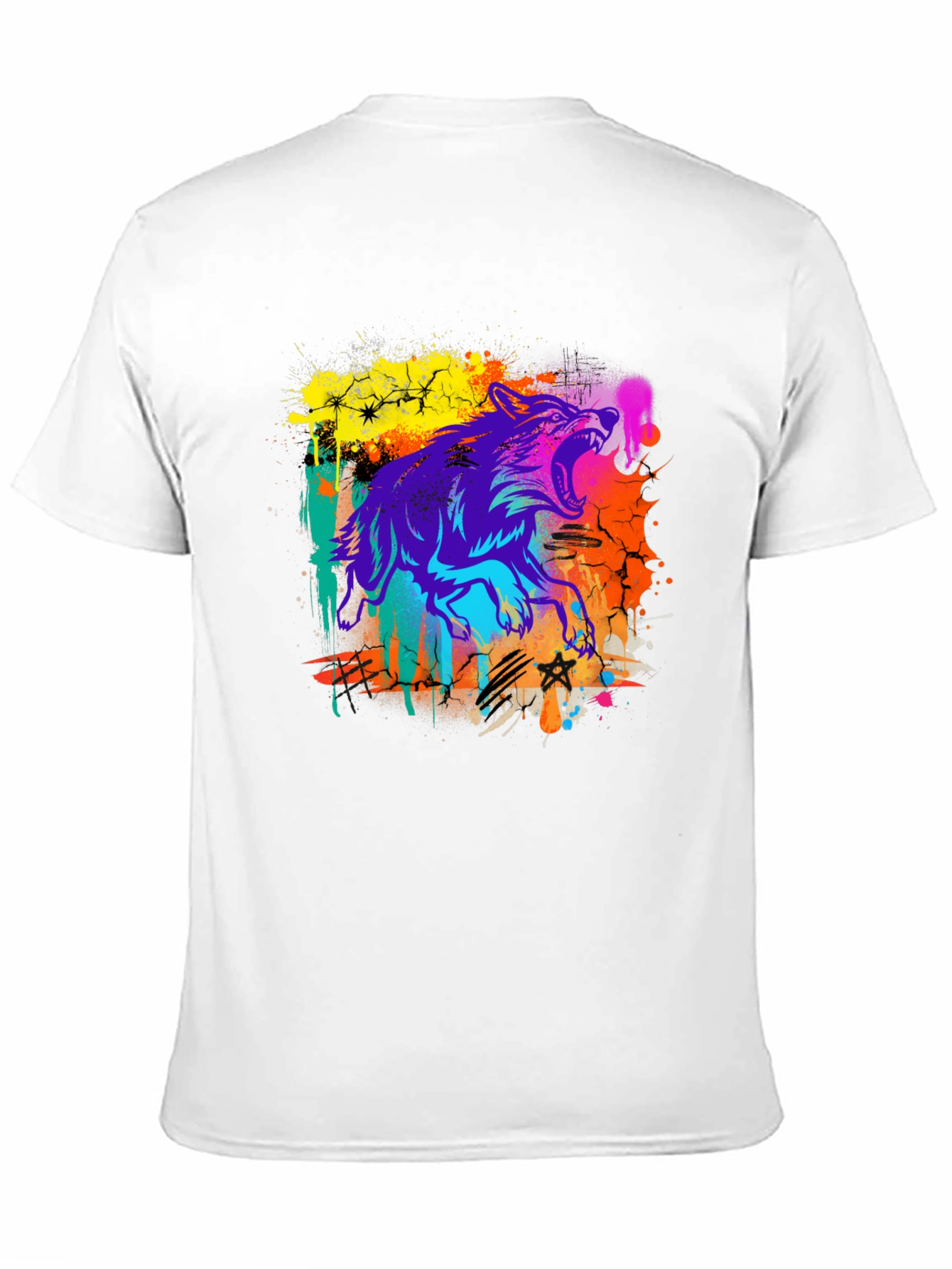 Neon Wolf Graphic Print Black T-Shirt