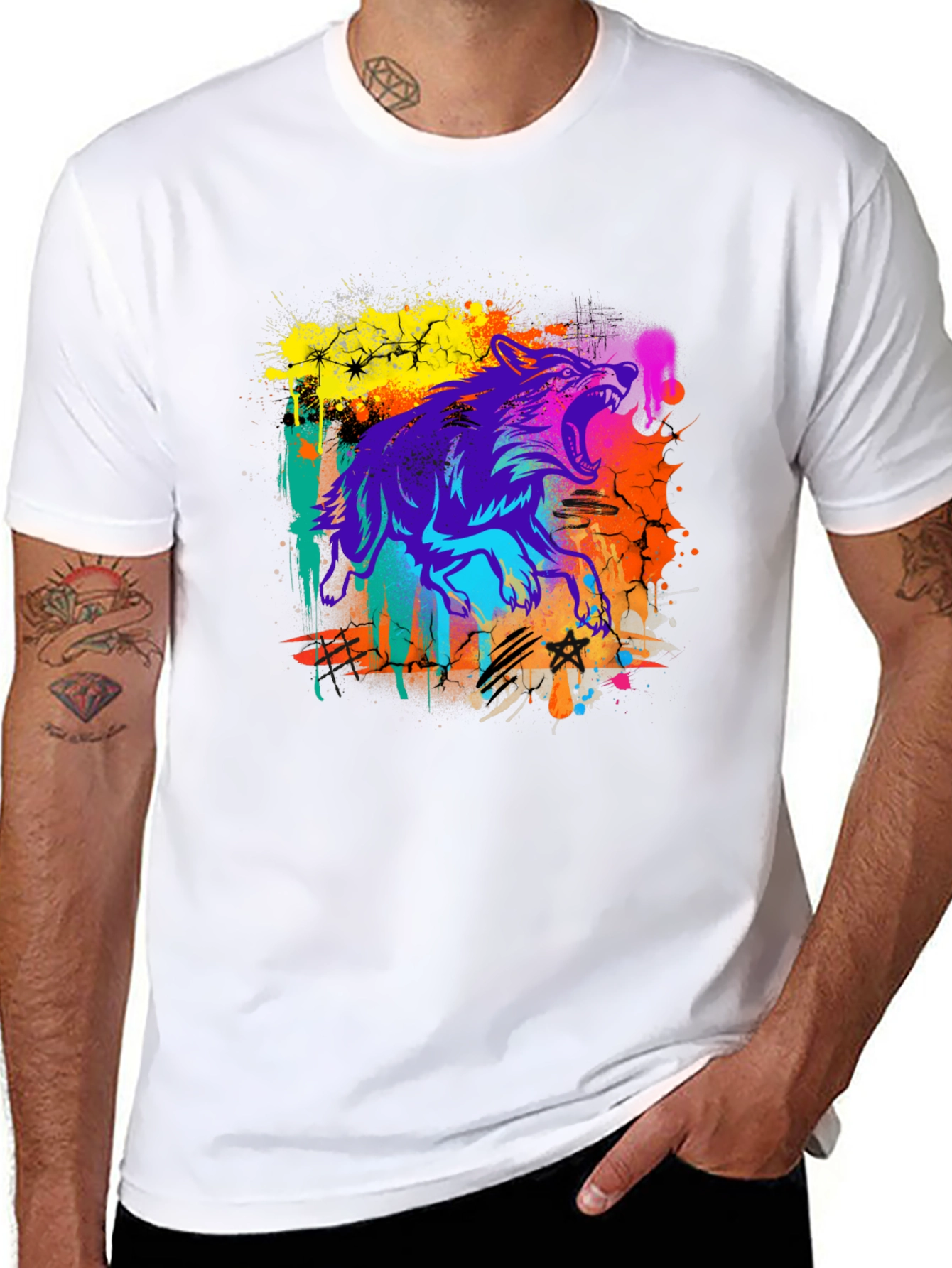 Neon Wolf Graphic Print Black T-Shirt