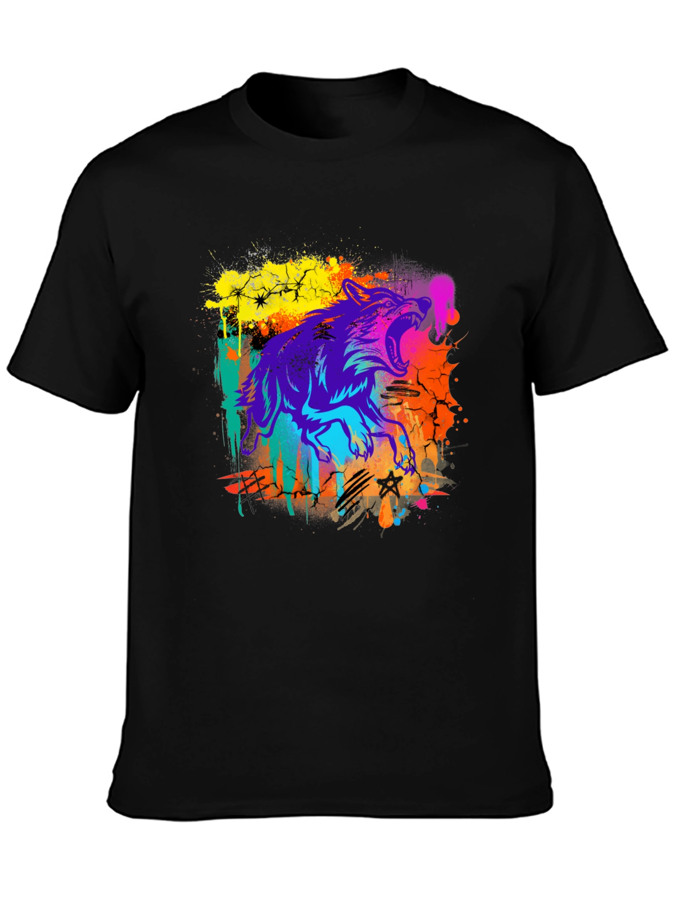 Neon Wolf Graphic Print Black T-Shirt