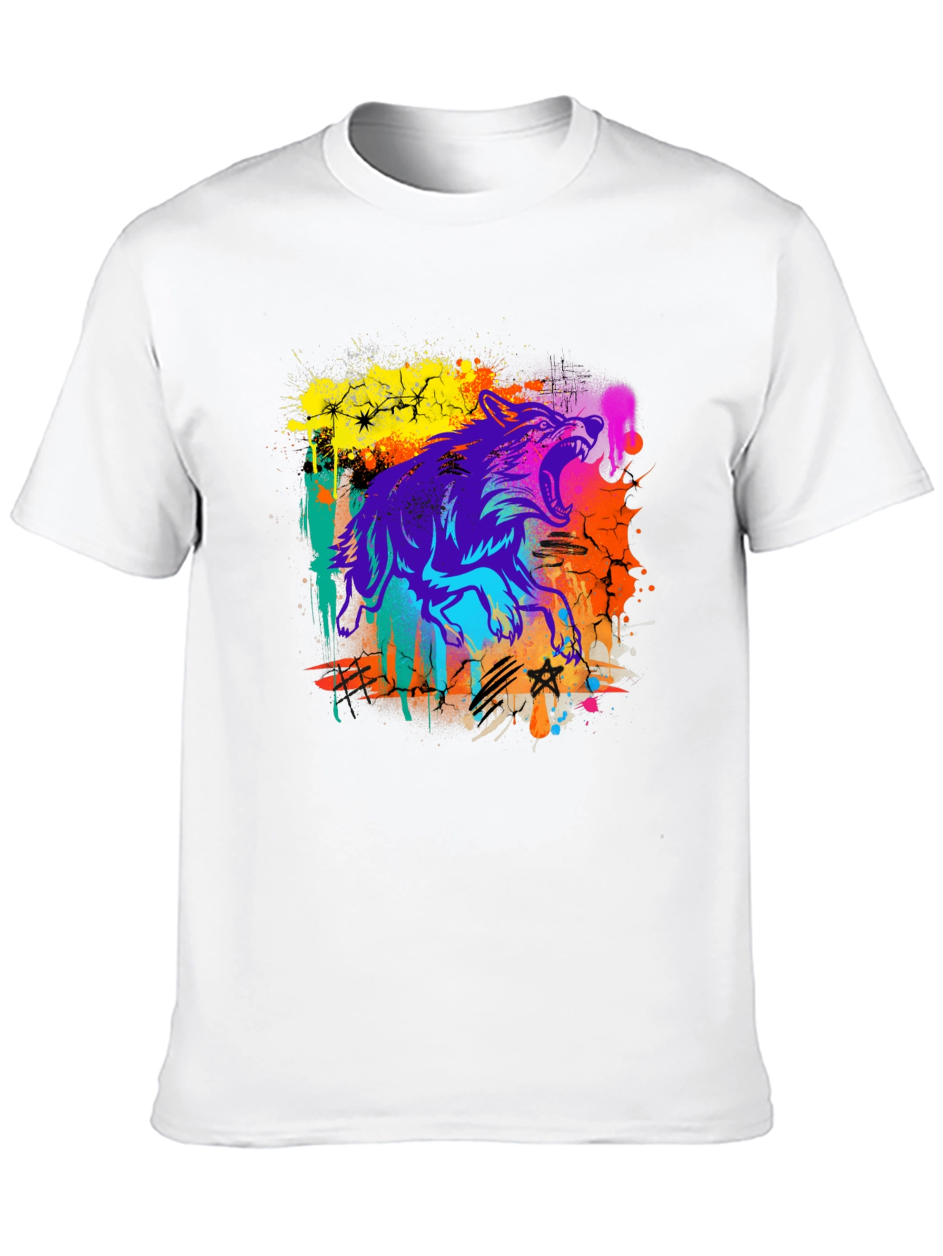 Neon Wolf Graphic Print Black T-Shirt
