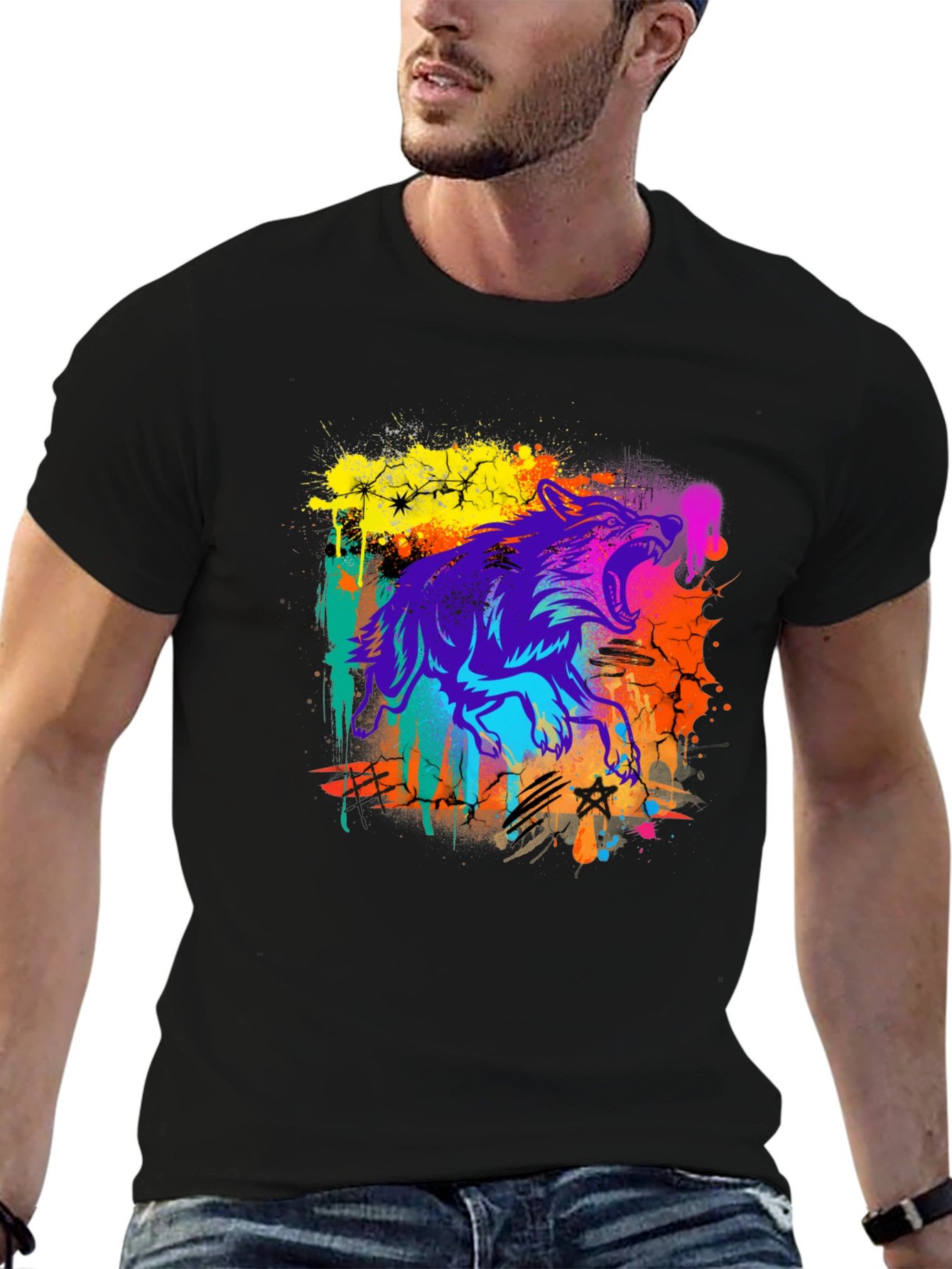 Neon Wolf Graphic Print Black T-Shirt