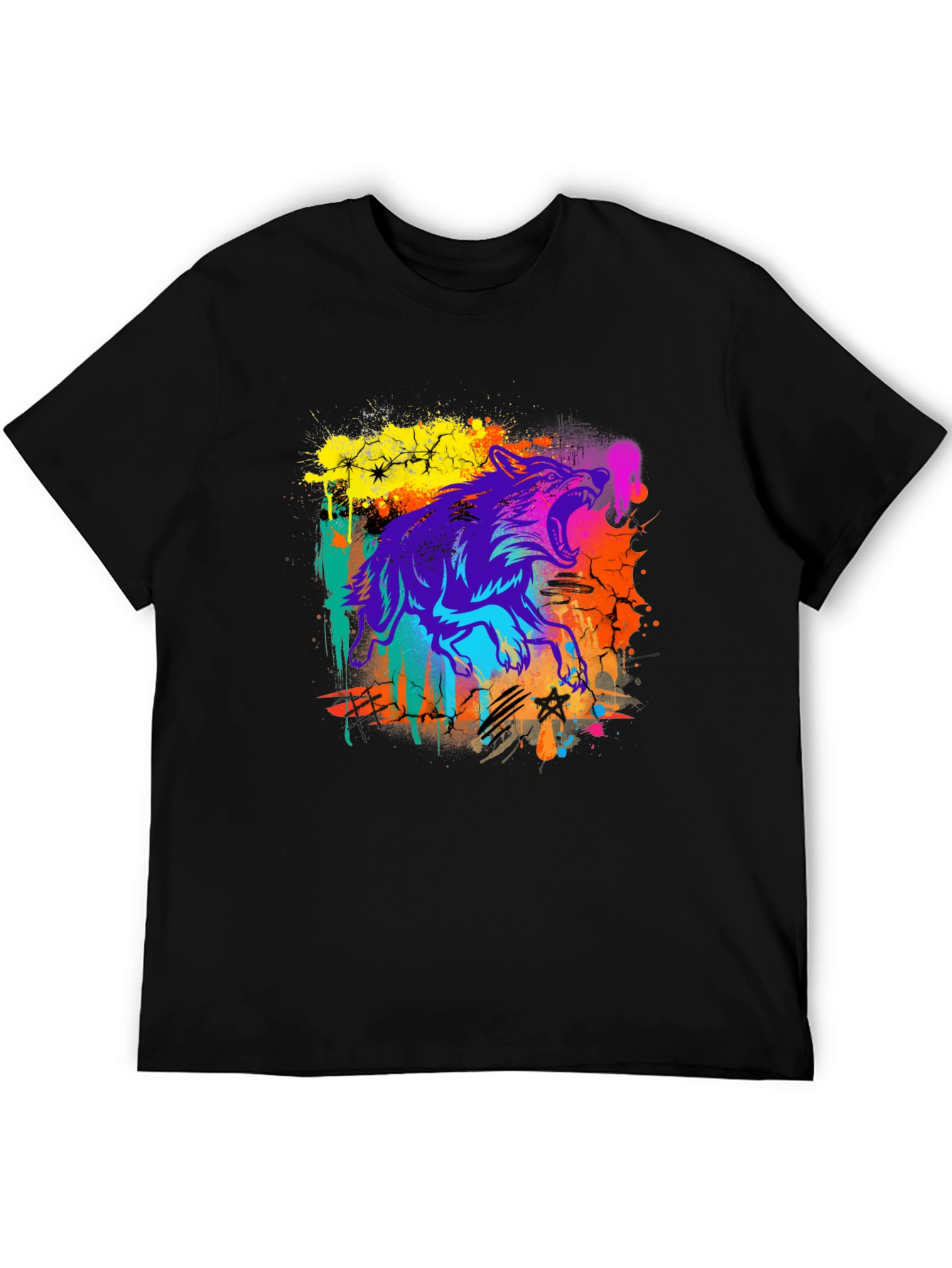 Neon Wolf Graphic Print Black T-Shirt