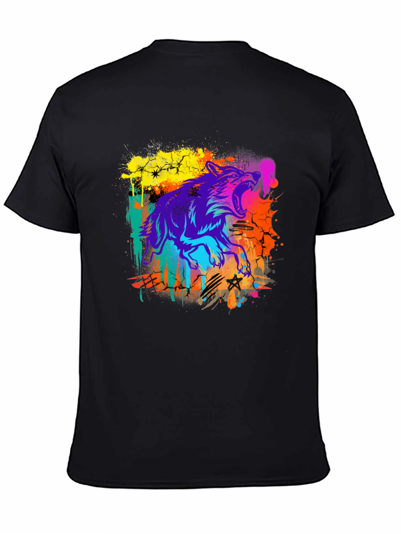 Neon Wolf Graphic Print Black T-Shirt