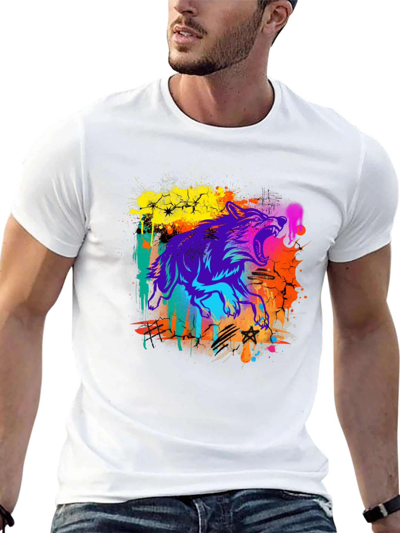 Neon Wolf Graphic Print Black T-Shirt