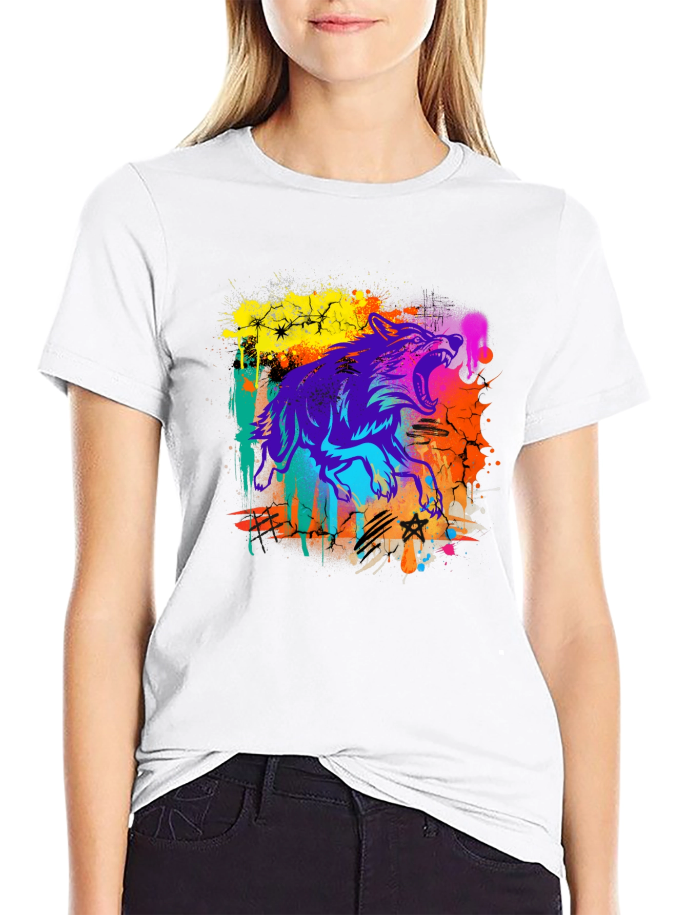 Neon Wolf Graphic Print Black T-Shirt