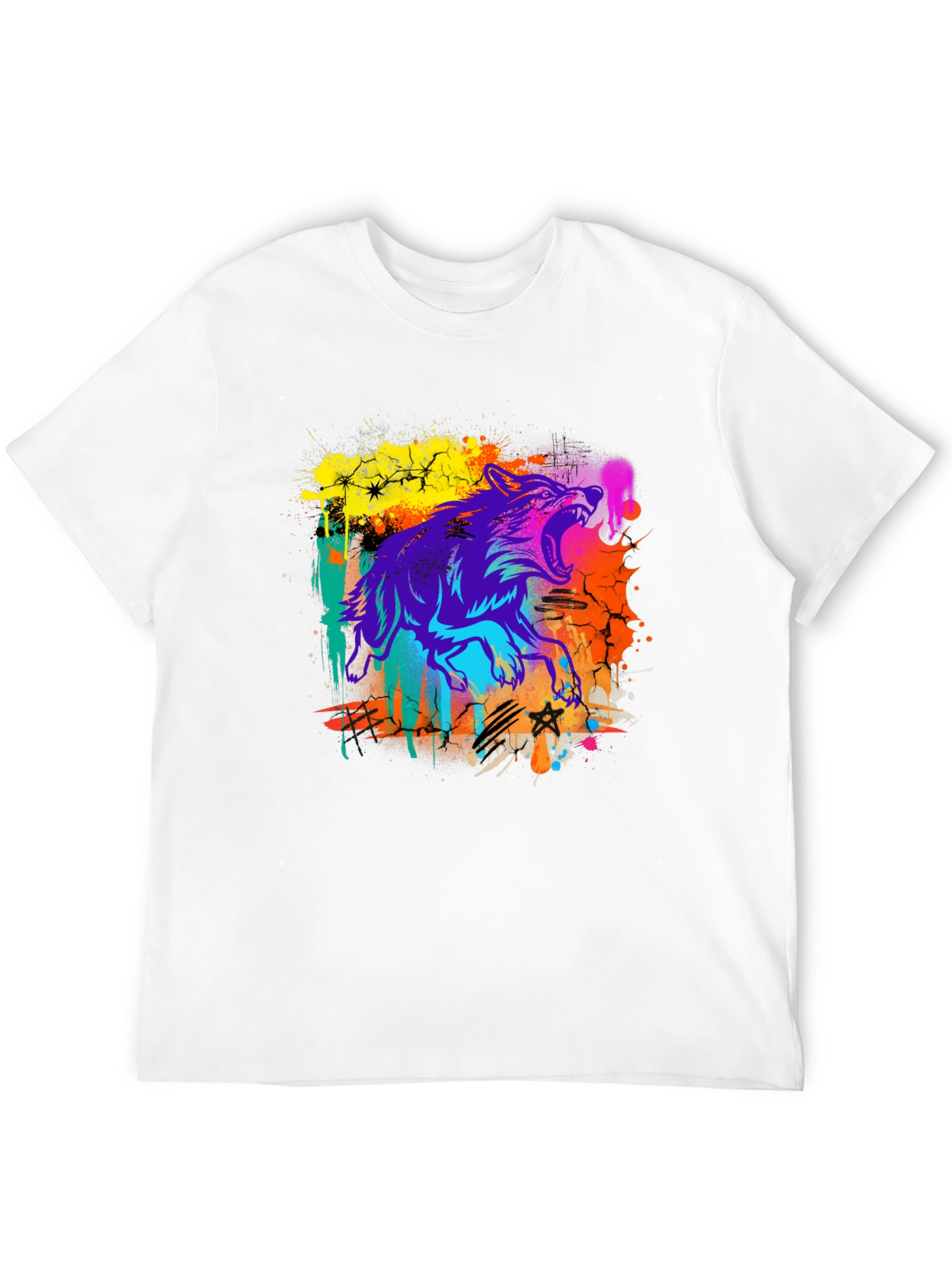 Neon Wolf Graphic Print Black T-Shirt