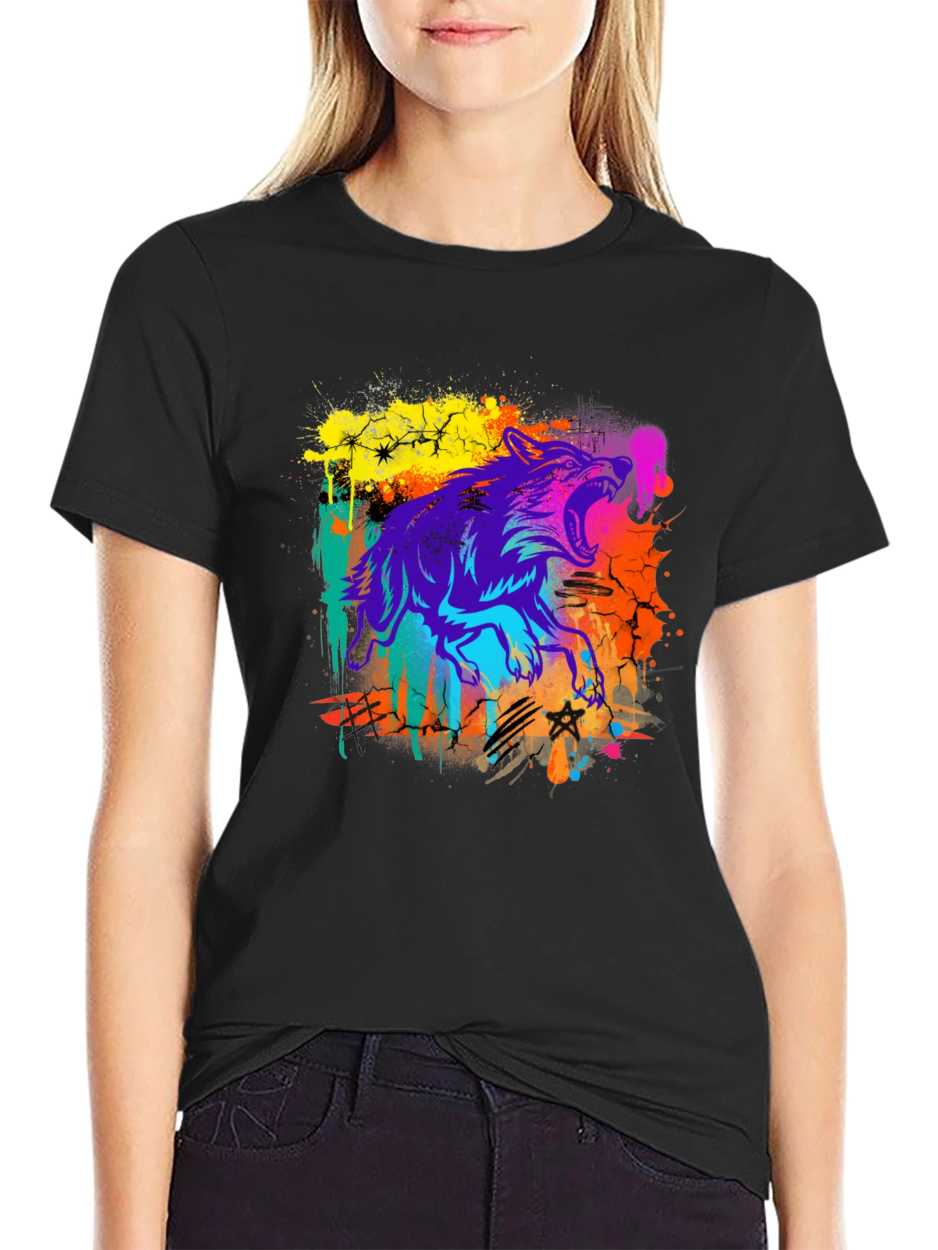 Neon Wolf Graphic Print Black T-Shirt