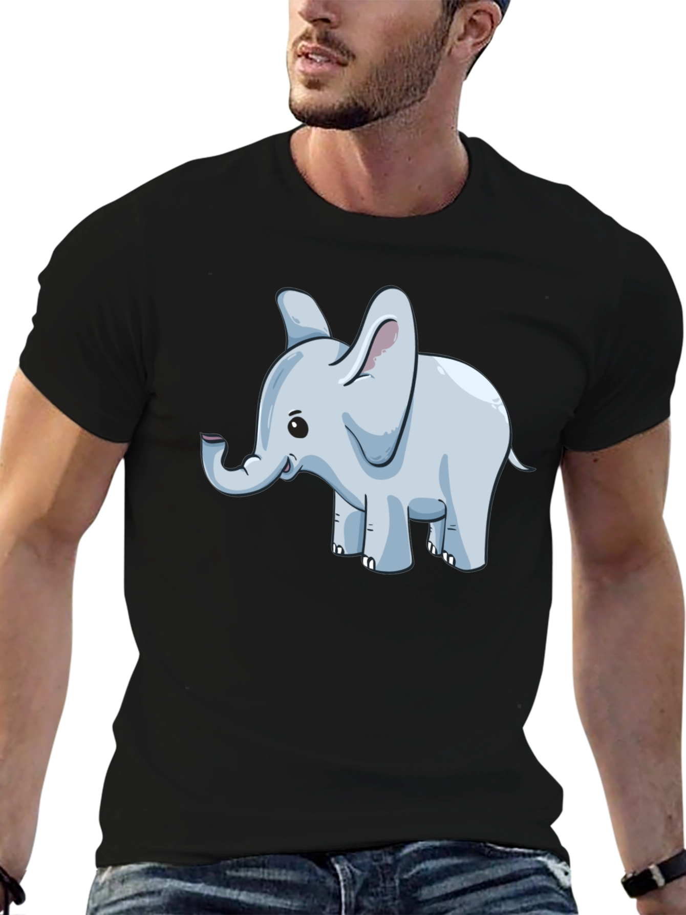 Elephant Cartoon Graphic Tee - Black