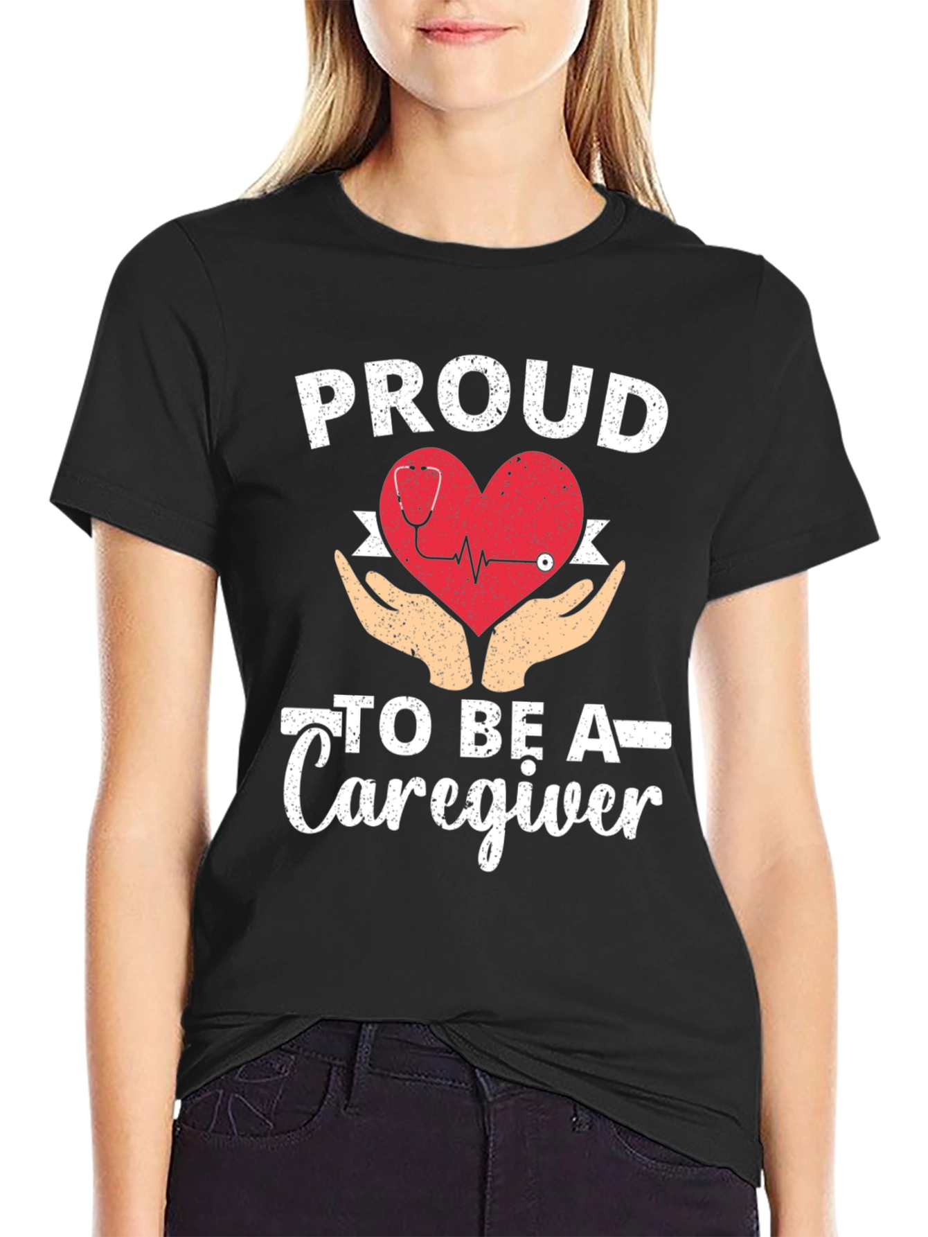 Proud Caregiver T-Shirt - Heart & Hands Design