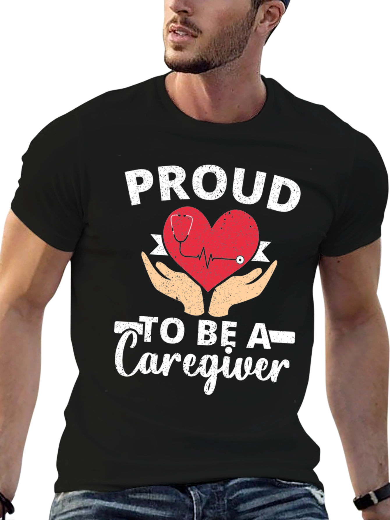 Proud Caregiver T-Shirt - Heart & Hands Design