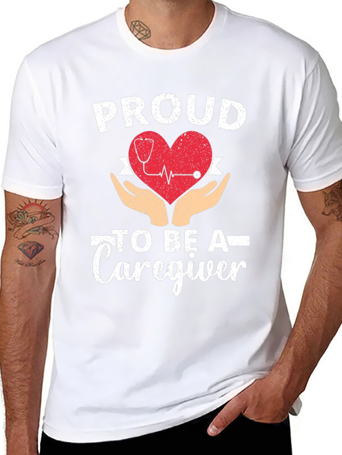 Proud Caregiver T-Shirt - Heart & Hands Design