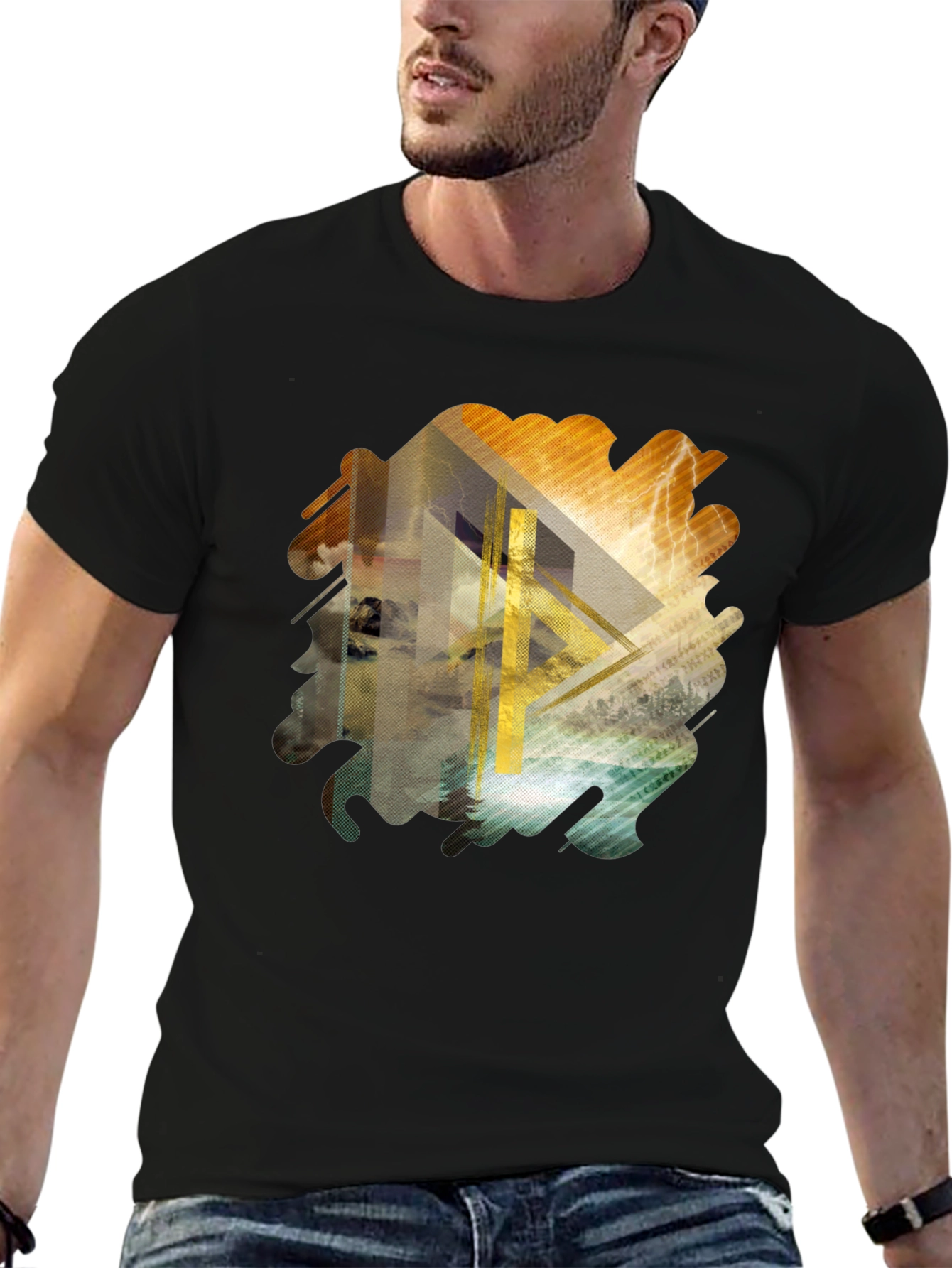 Abstract Geometric Graphic Print Black Tee