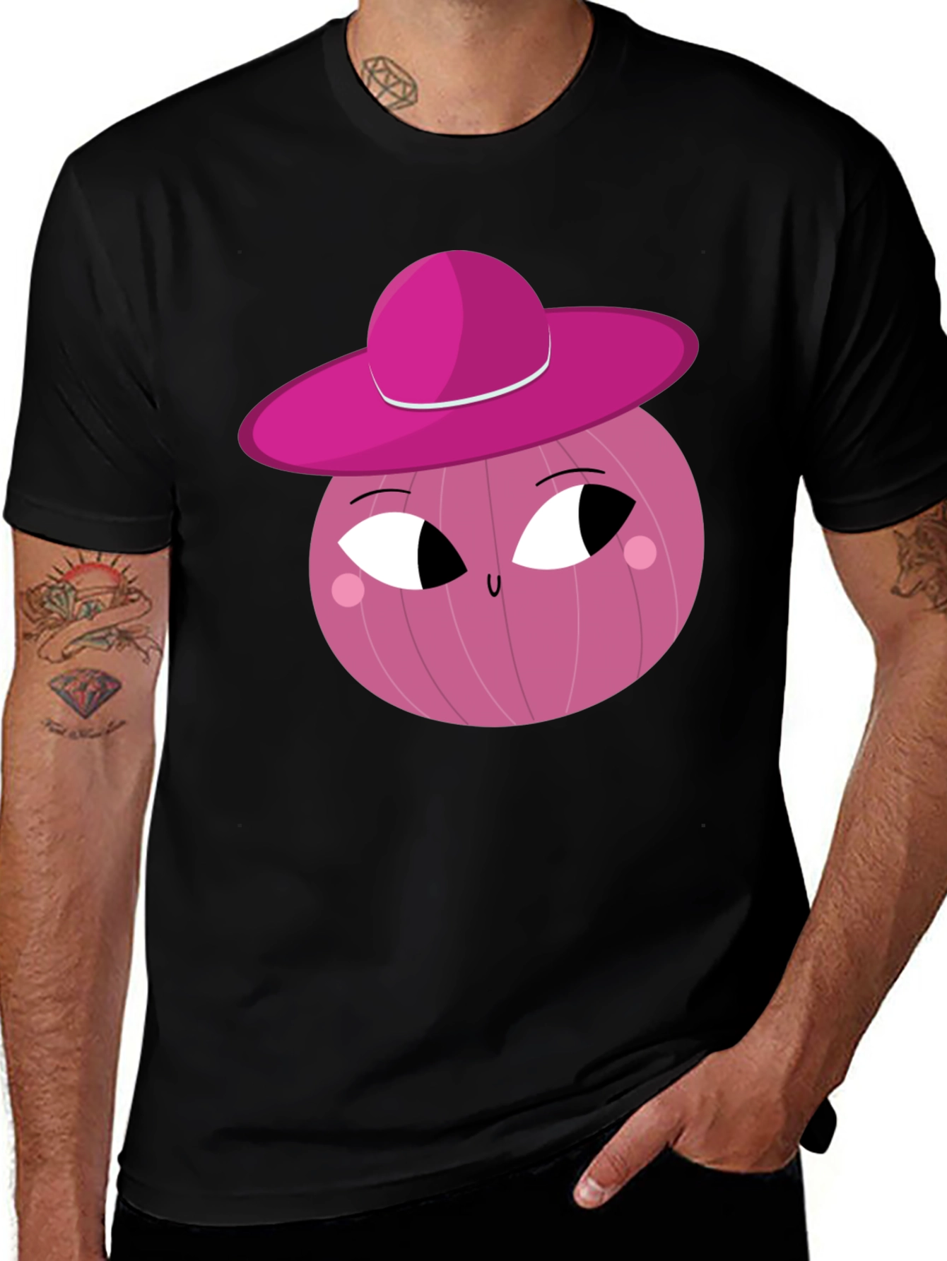 Whimsical Pink Onion Character Graphic T-Shirt