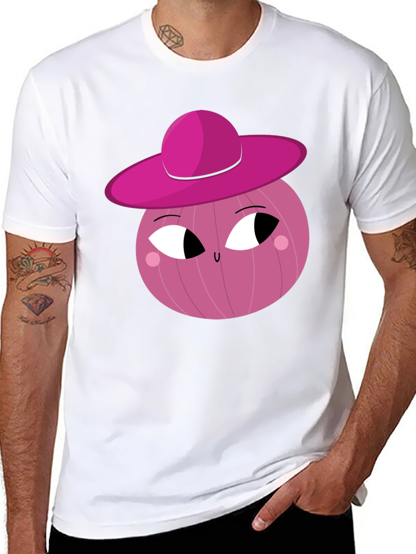 Whimsical Pink Onion Character Graphic T-Shirt