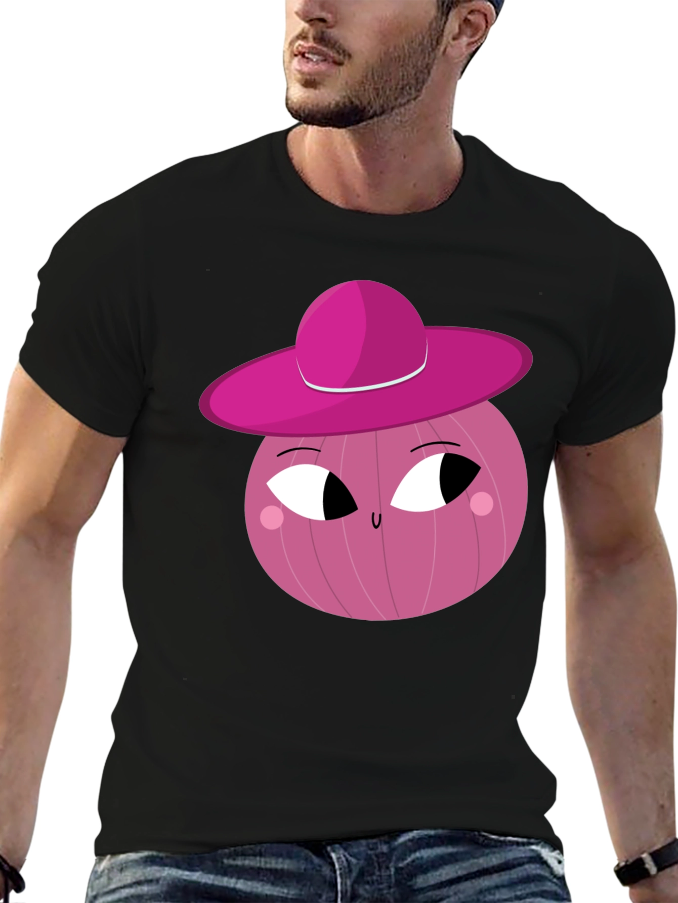 Whimsical Pink Onion Character Graphic T-Shirt