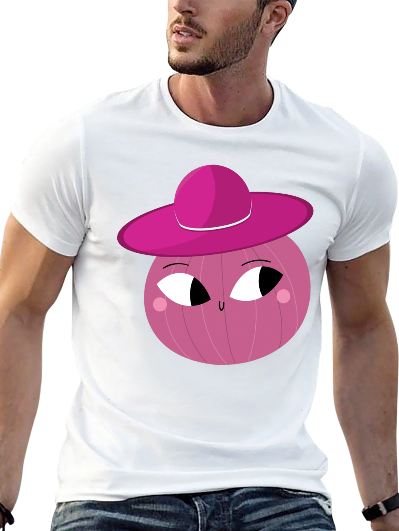 Whimsical Pink Onion Character Graphic T-Shirt