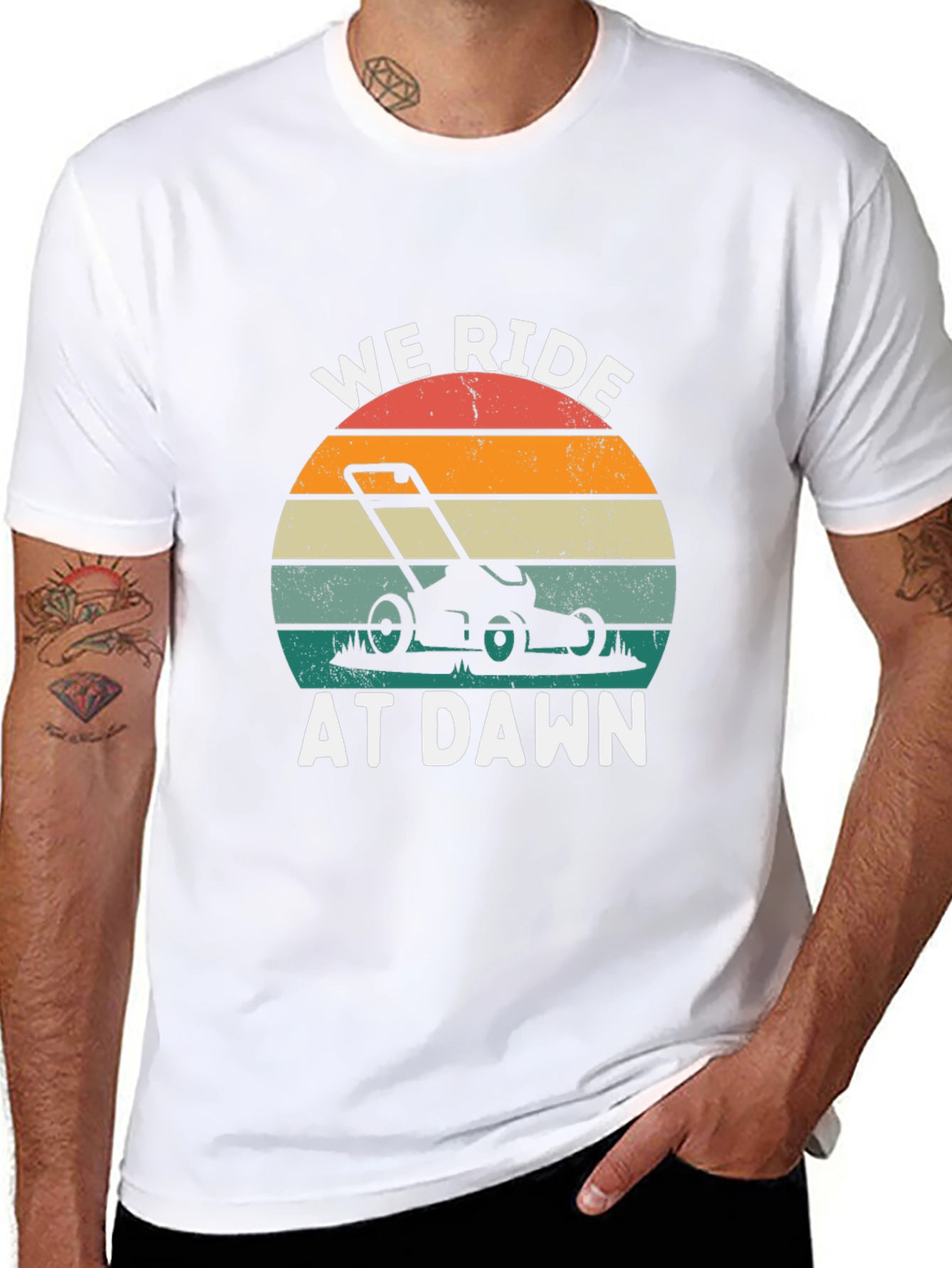 We Ride at Dawn Funny Lawn Mower T-Shirt