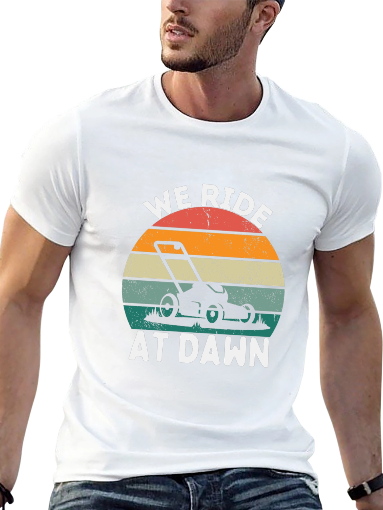 We Ride at Dawn Funny Lawn Mower T-Shirt