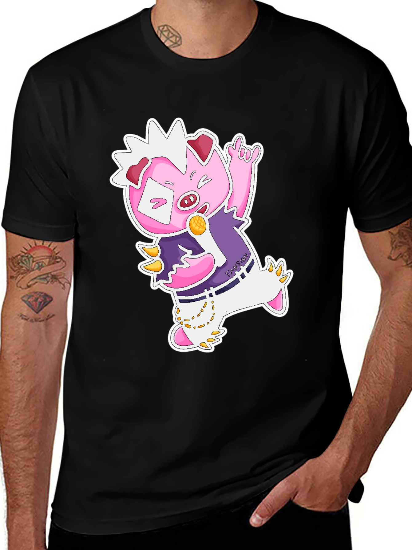 Cool Cartoon Pig Graphic Black T-Shirt