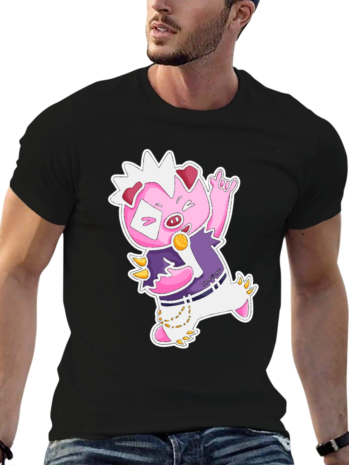 Cool Cartoon Pig Graphic Black T-Shirt