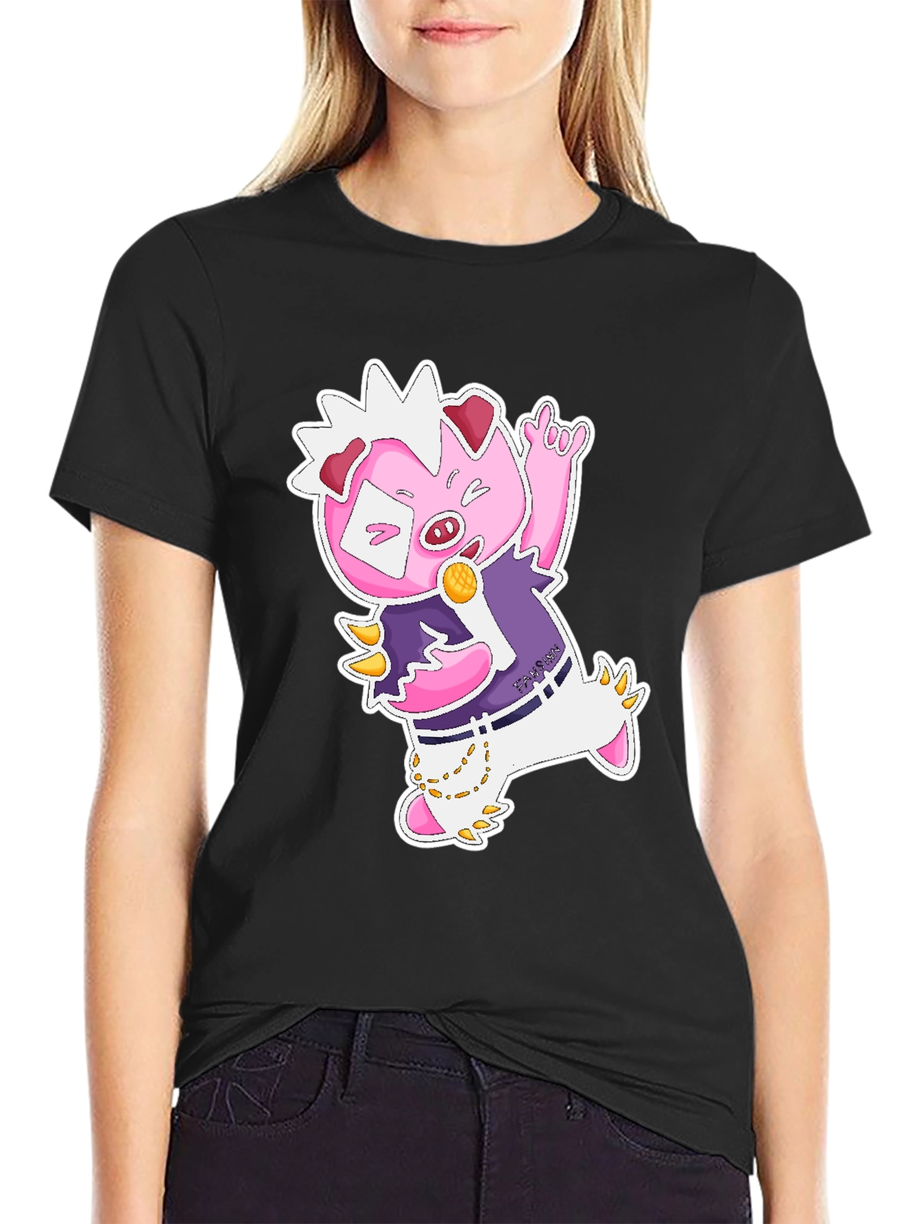 Cool Cartoon Pig Graphic Black T-Shirt