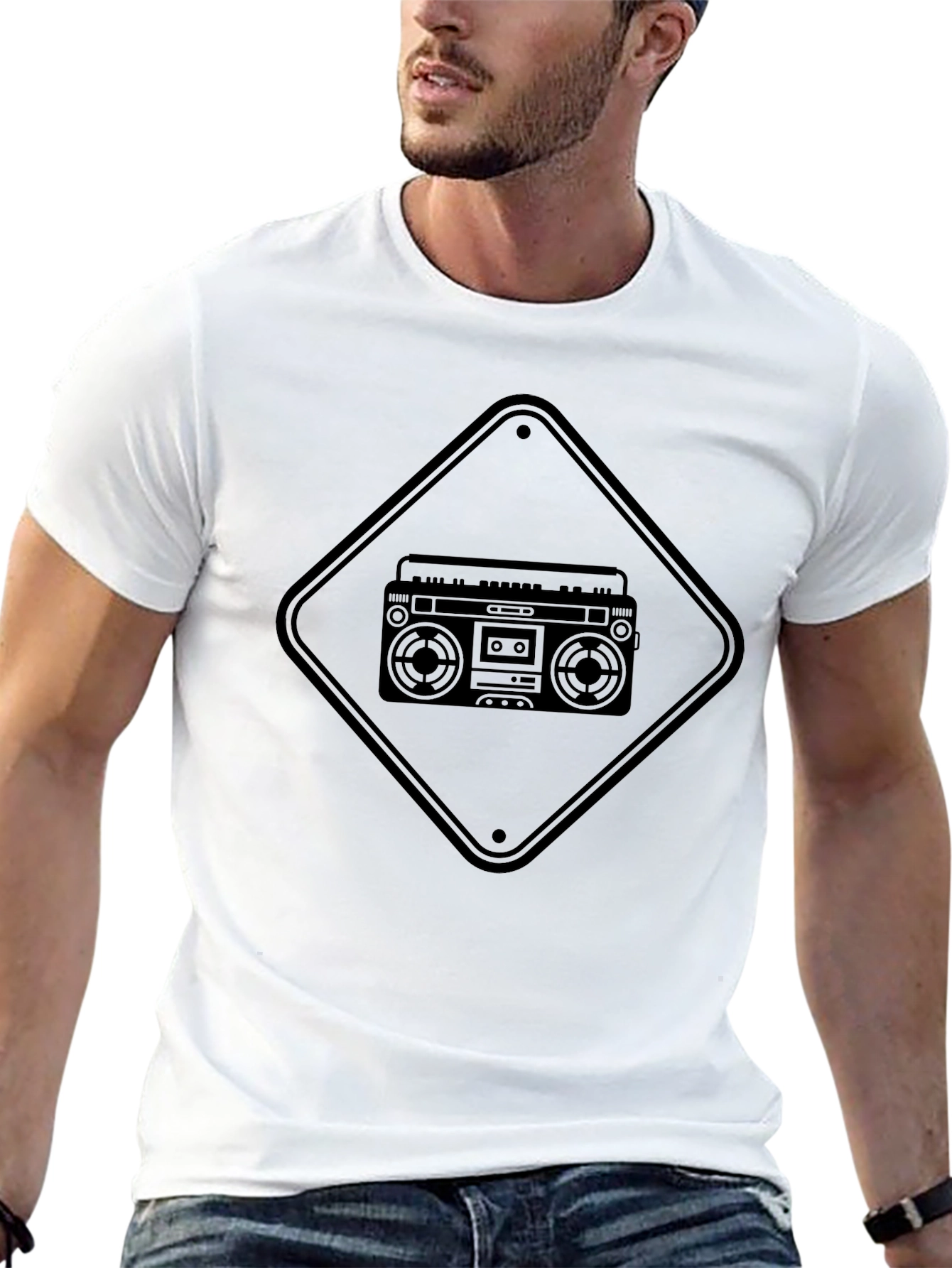 Retro Boombox Graphic Tee - Black Cotton T-Shirt