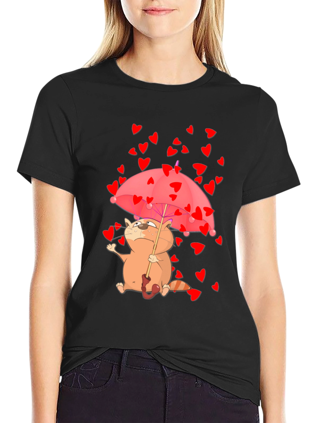 Cute Cat in Love T-Shirt - Heart Umbrella Design