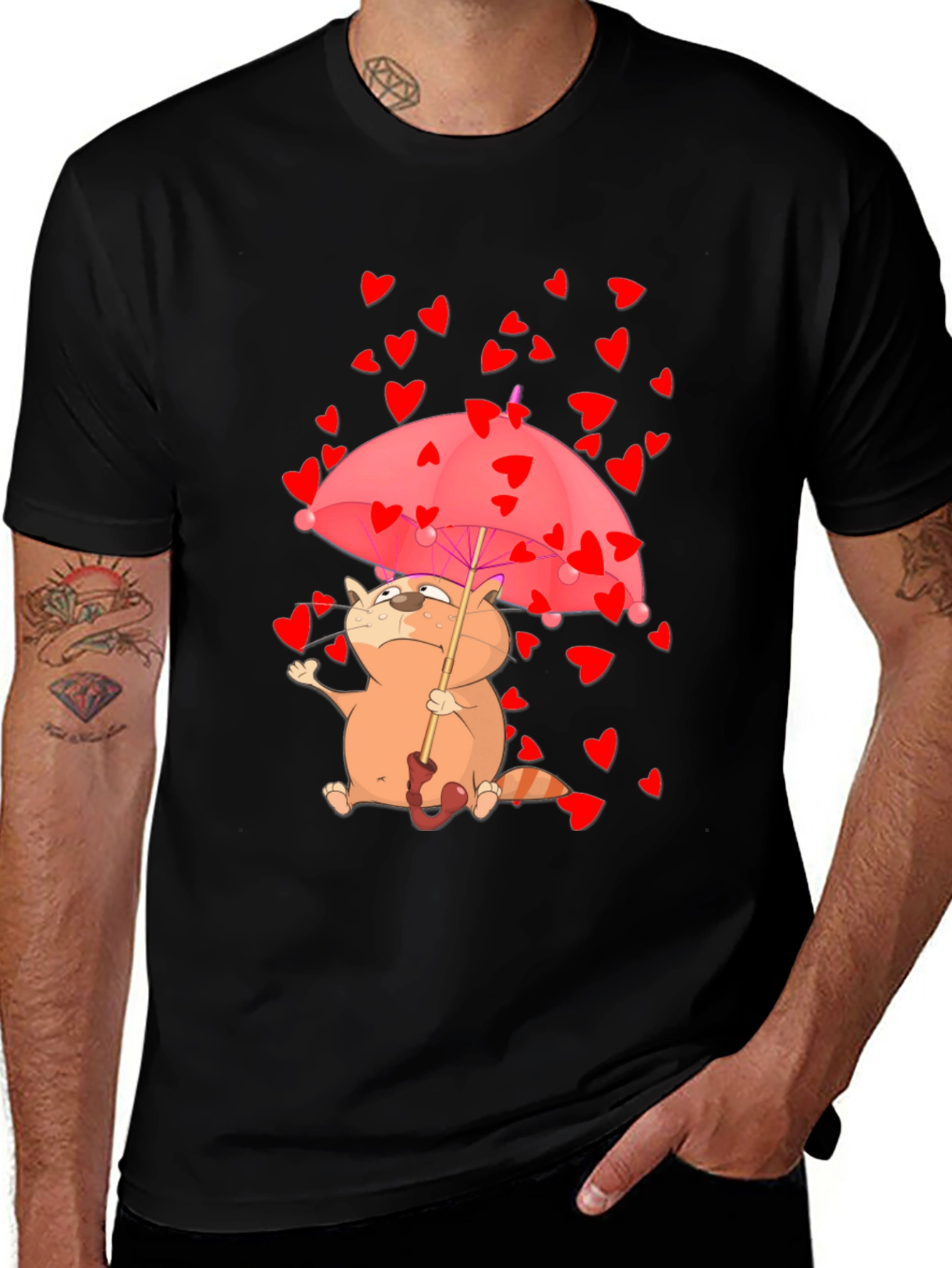Cute Cat in Love T-Shirt - Heart Umbrella Design