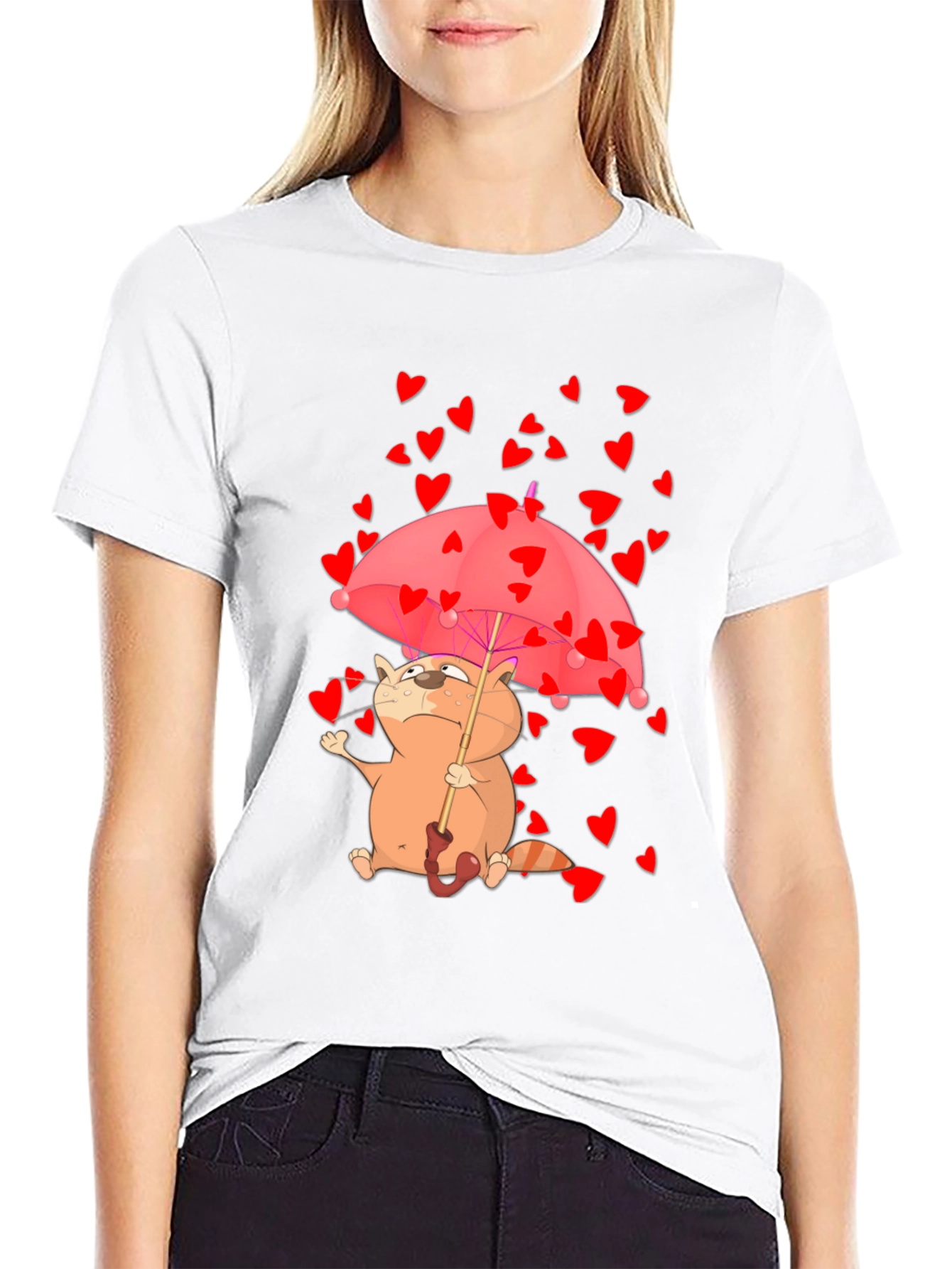 Cute Cat in Love T-Shirt - Heart Umbrella Design