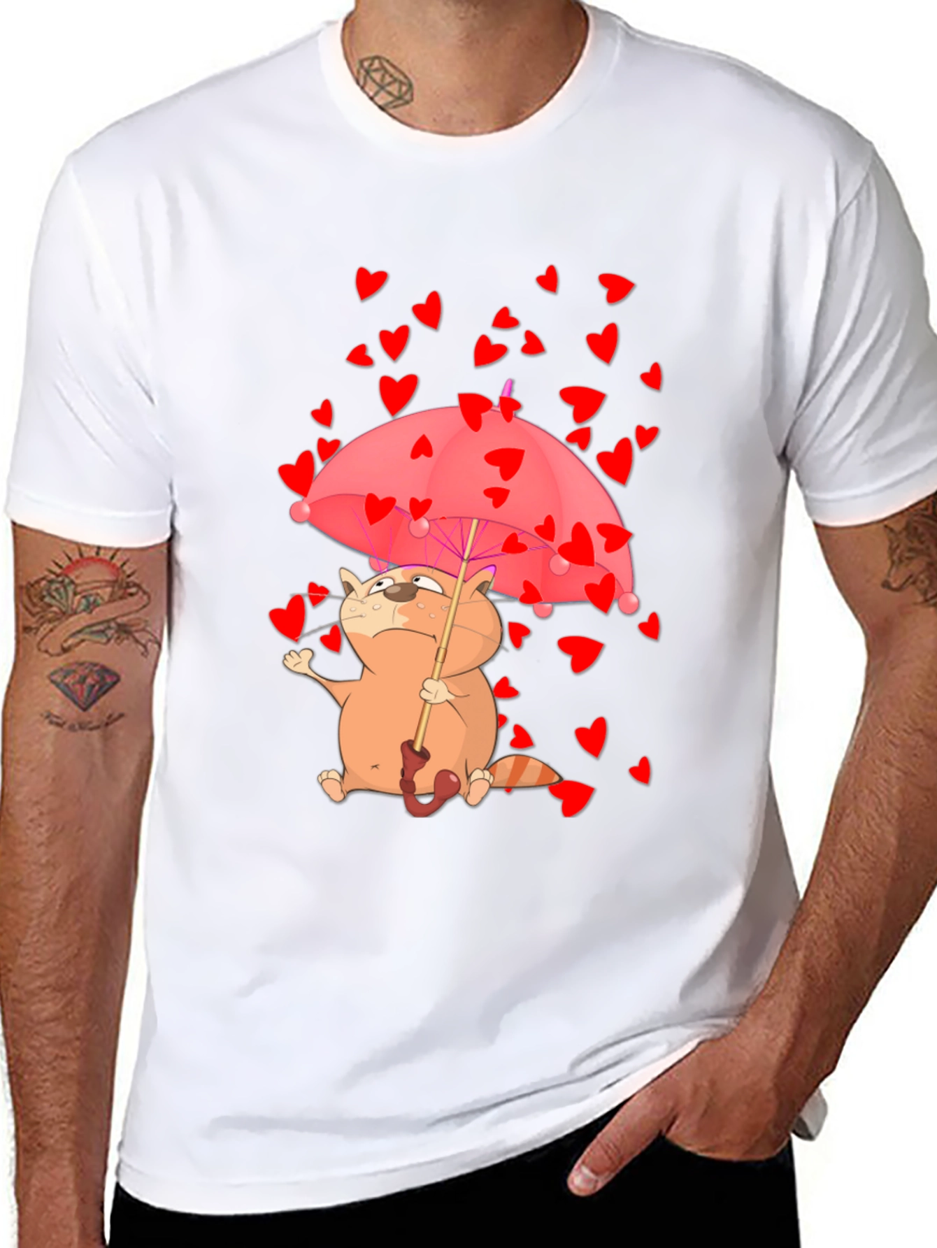 Cute Cat in Love T-Shirt - Heart Umbrella Design