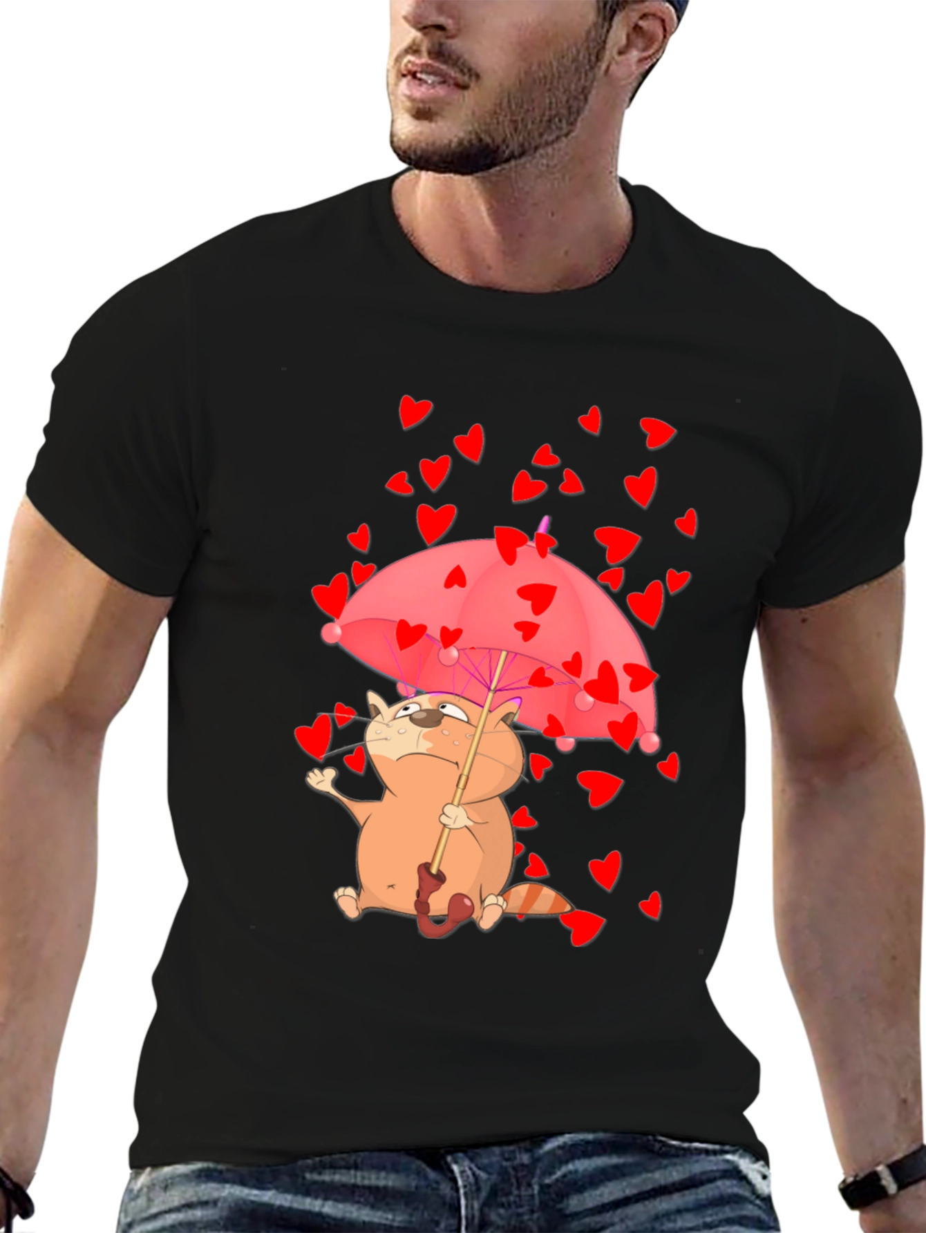Cute Cat in Love T-Shirt - Heart Umbrella Design