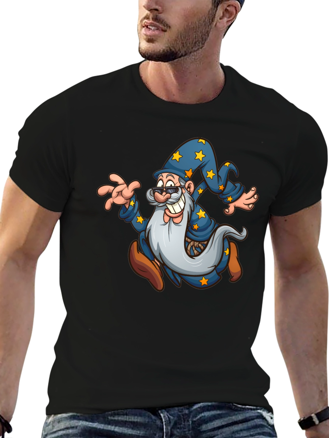 Wizard Cartoon Graphic T-Shirt - Black