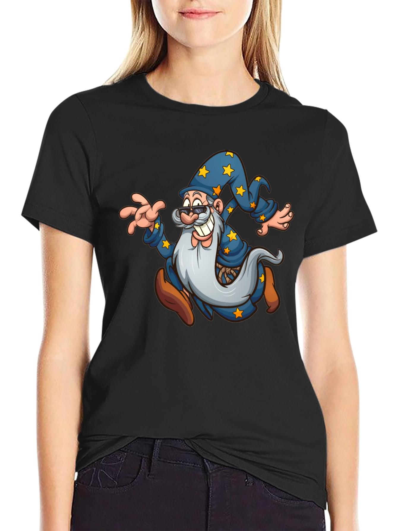 Wizard Cartoon Graphic T-Shirt - Black