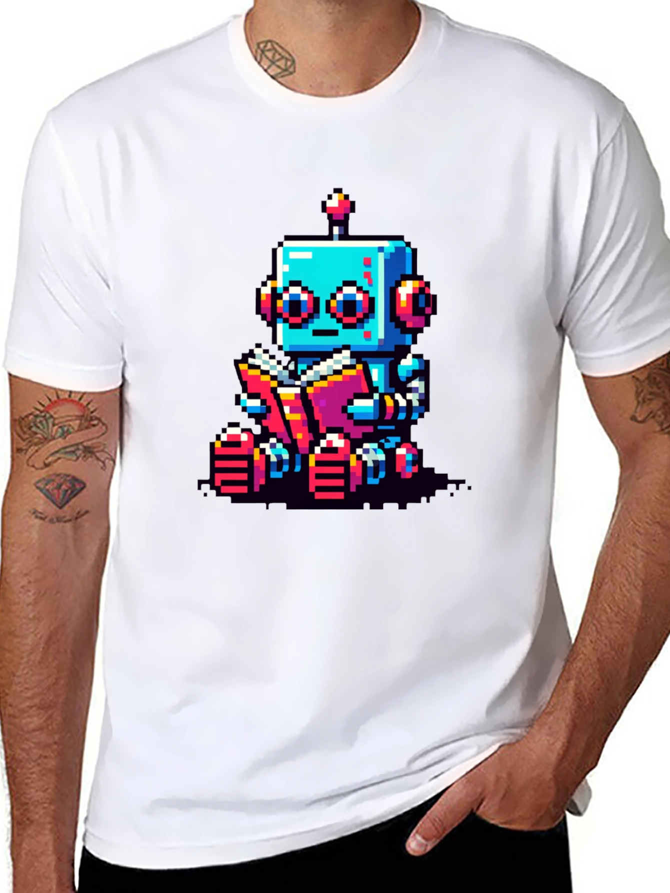 Pixel Robot Reading T-Shirt