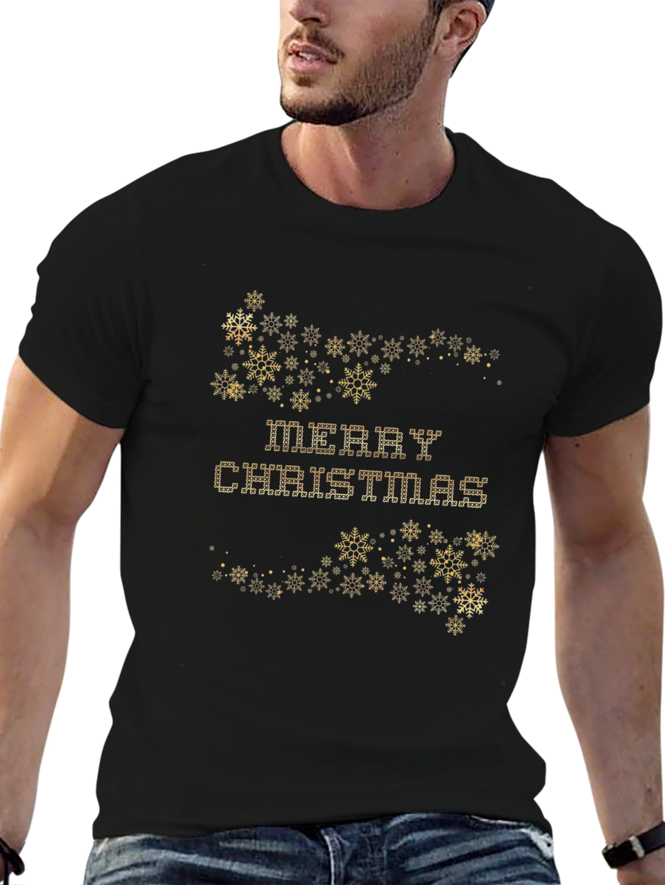 Festive Merry Christmas Snowflake Graphic Tee - Black
