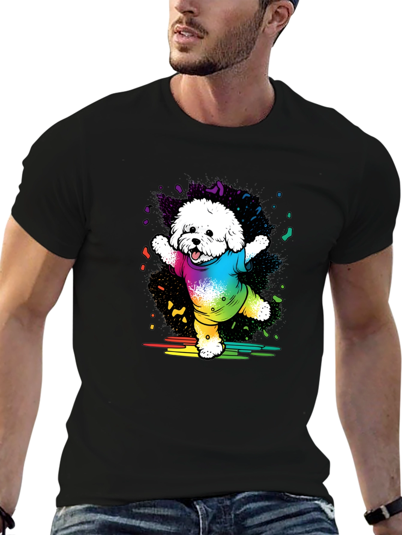 Rainbow Dog T-Shirt Cotton Blend Casual Wear