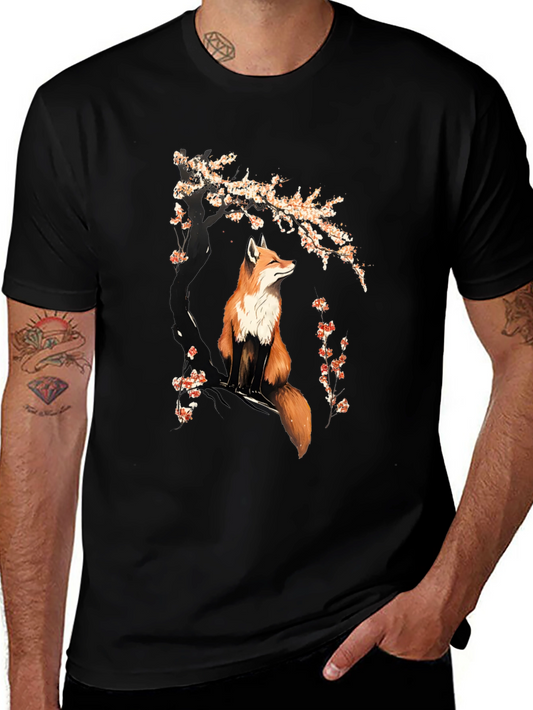 Fox & Cherry Blossom Graphic T-Shirt - Black