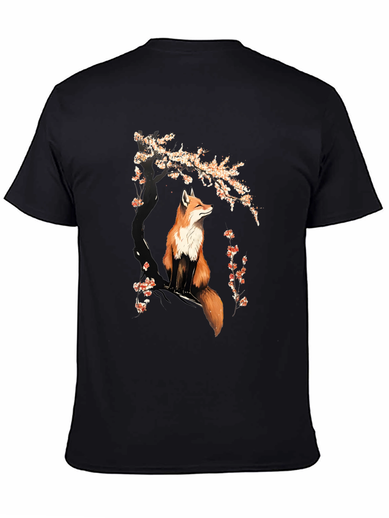 Fox & Cherry Blossom Graphic T-Shirt - Black