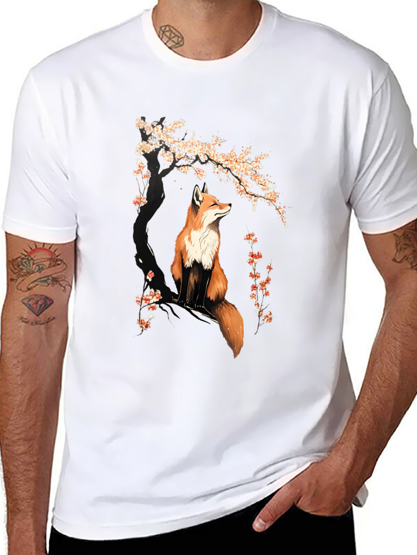 Fox & Cherry Blossom Graphic T-Shirt - Black