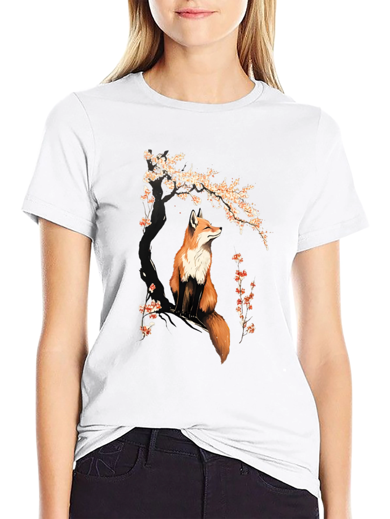 Fox & Cherry Blossom Graphic T-Shirt - Black