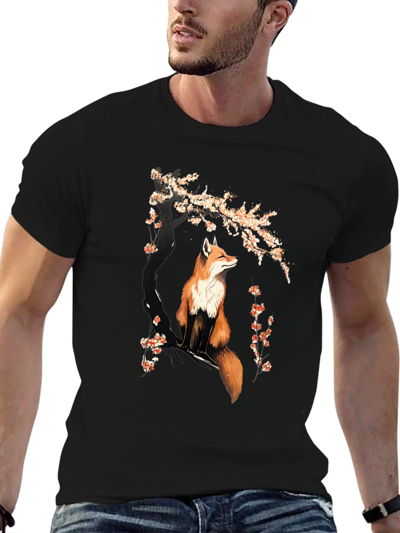 Fox & Cherry Blossom Graphic T-Shirt - Black