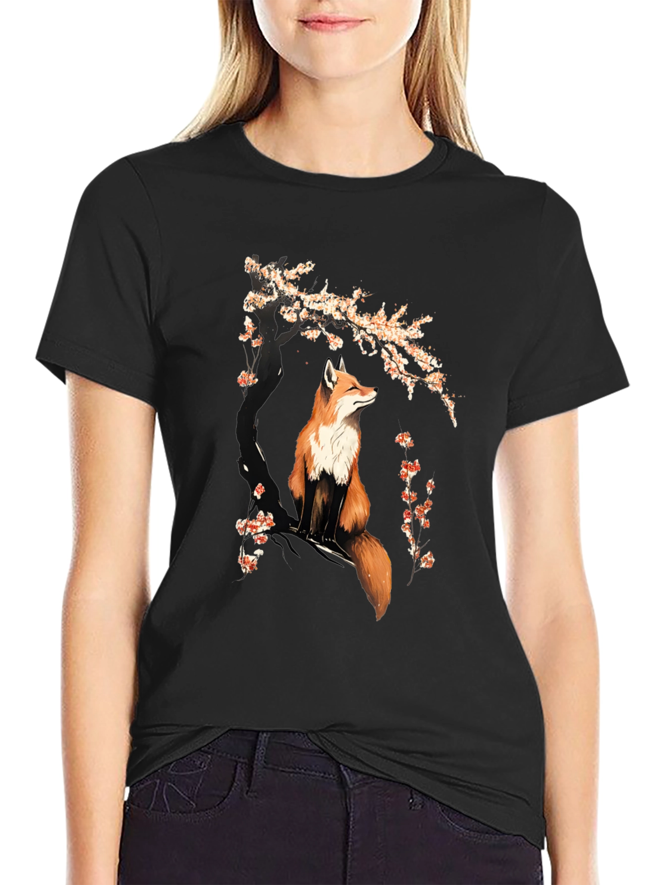 Fox & Cherry Blossom Graphic T-Shirt - Black
